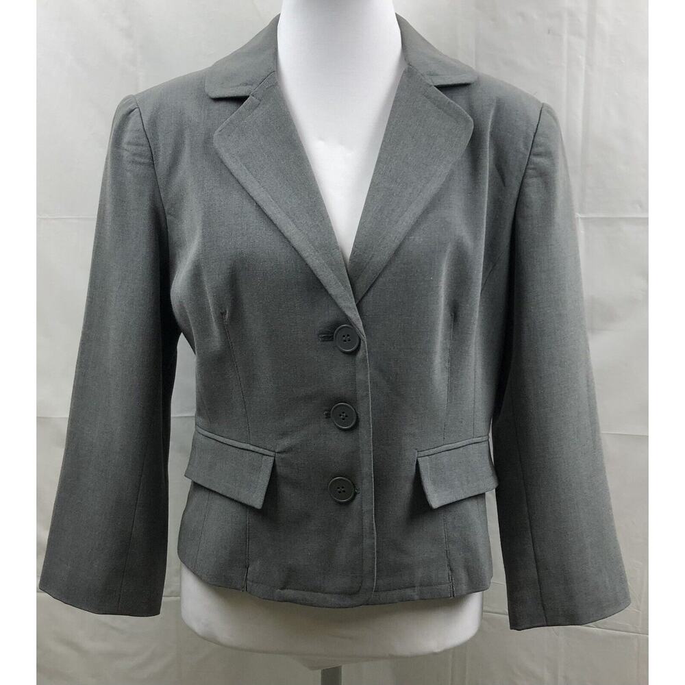 Shape FX Blazer Women 10 Gray Stretch Three Button Suit Jacket Career Business